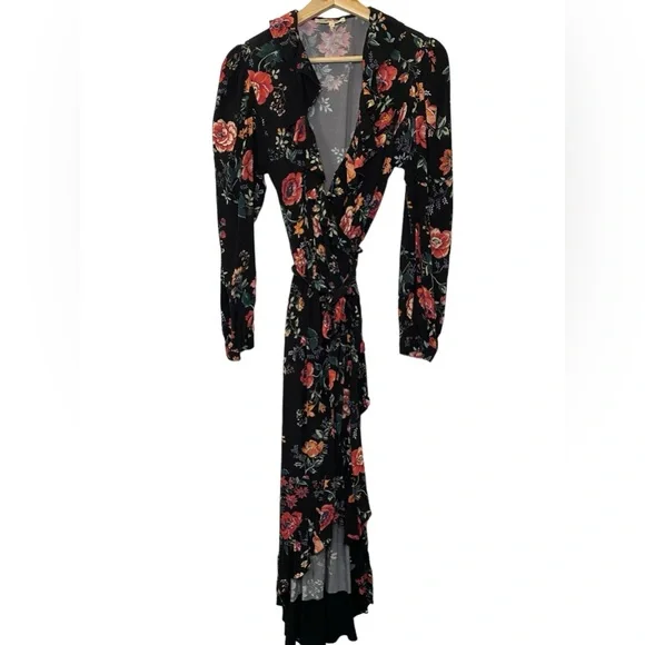 Maje Rosetina Crepe Floral Long Sleeve V-Neck Wrap Ruffle Dress - Picture 5 of 9